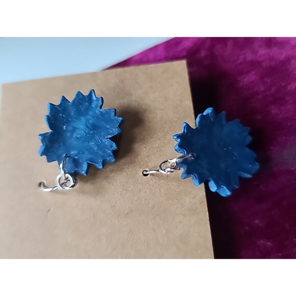 Polymer Clay Blue And Silver Floral Dangling Pierced Earrings New - Picture 8 of 10